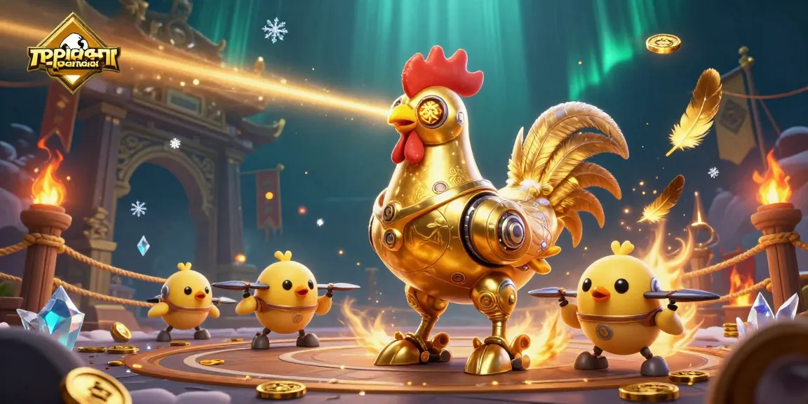 Experience thrilling sports betting with appkeonhacai as the golden rooster robot leads baby chick drones amidst dynamic gambling elements.
