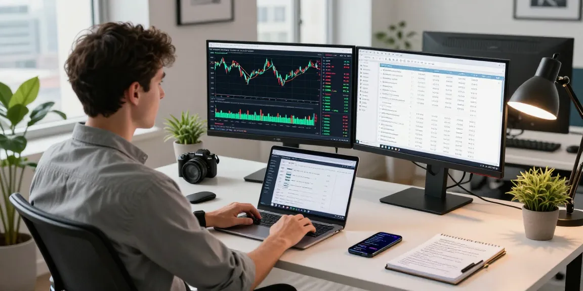 Focused trader using MetaTrader 4 in a modern home office, analyzing live forex charts and orders.