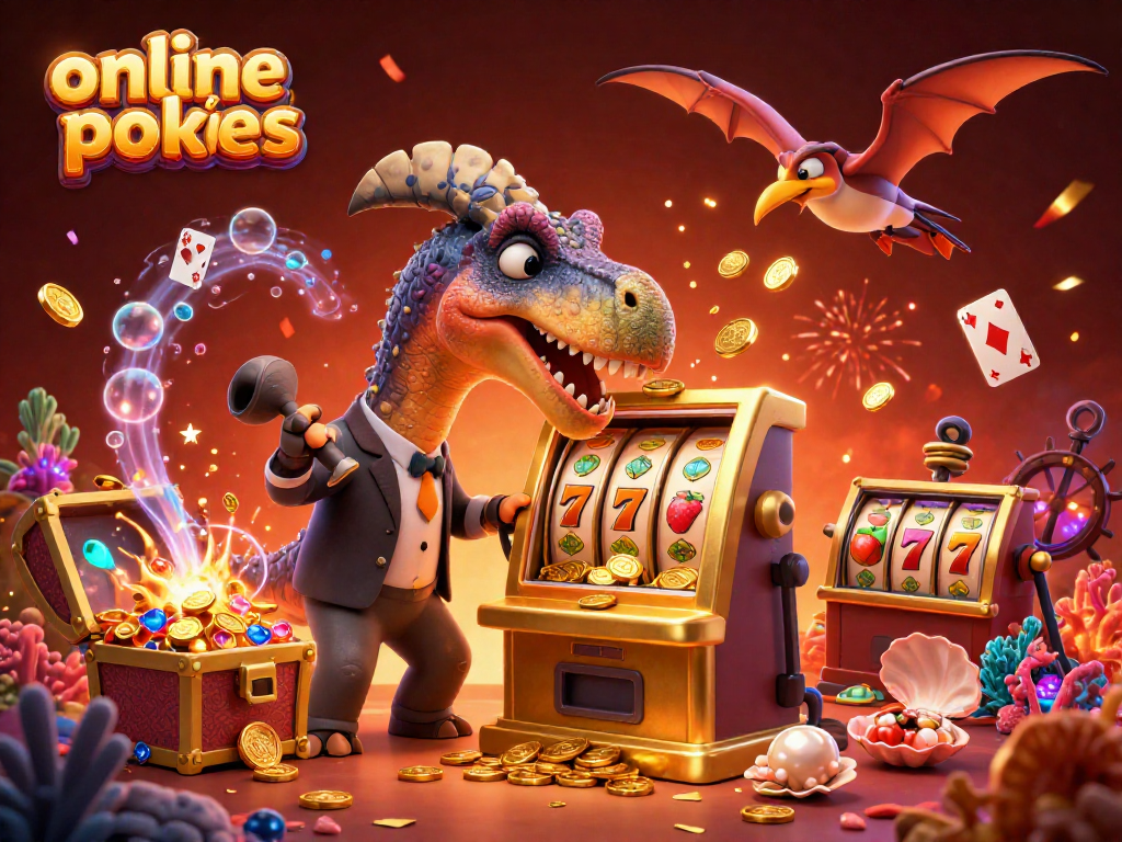 Experience exciting online pokies as a cartoon dinosaur interacts with a golden slot machine.