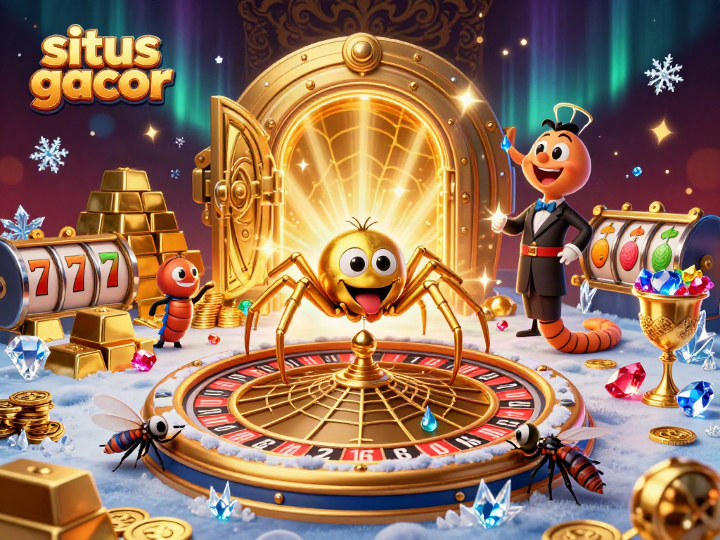 Bet on situs gacor with a golden spider spinning a roulette wheel in a treasure-filled casino