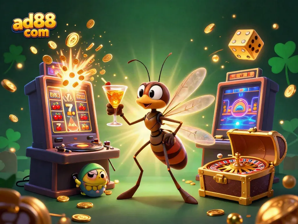 Experience the thrill of ad88 com with a lively illustration of animated casino elements and vibrant characters.