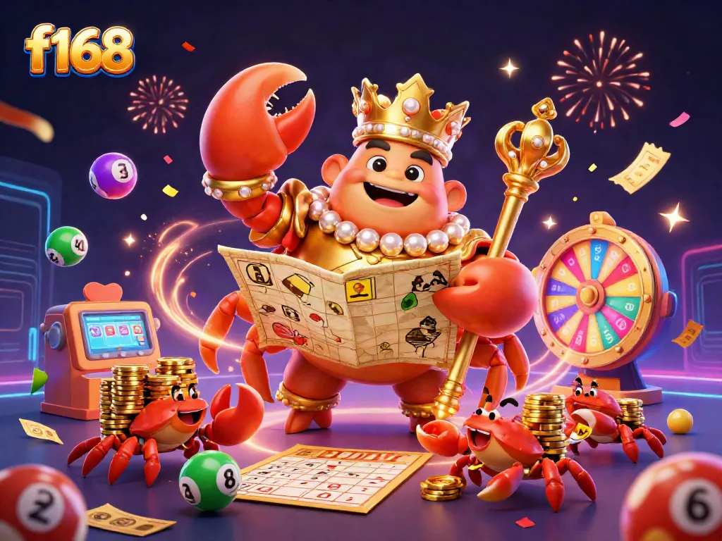 Experience the thrill of f168 with a golden crab emperor amidst lottery balls and casino excitement.