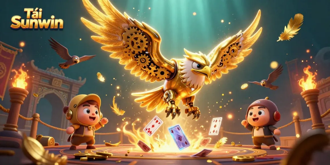 Tải Sunwin showcases a 3D golden eagle amidst flying playing cards, enhancing the online casino experience.