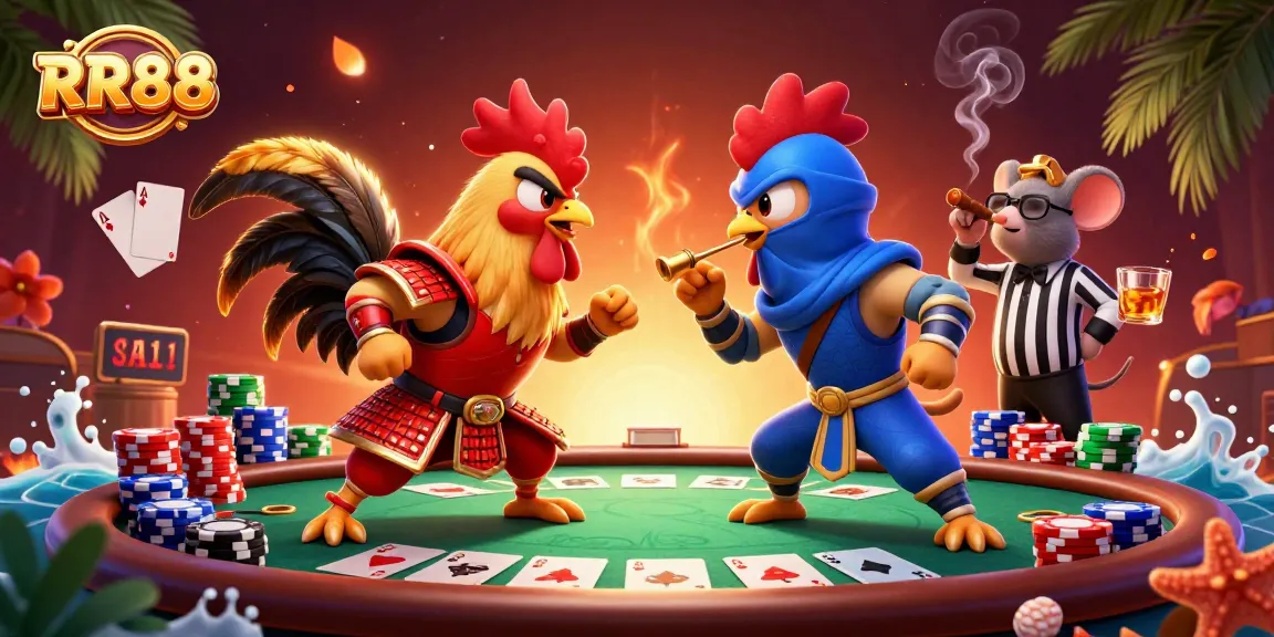 Engage with RR88's thrilling gaming scene featuring roosters battling amidst an exciting poker setup.