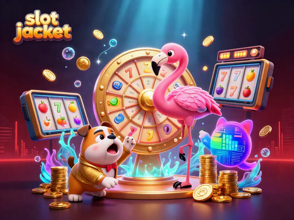 Catch the excitement of the slot jackpot featuring characters beside vibrant slot reels and golden coins