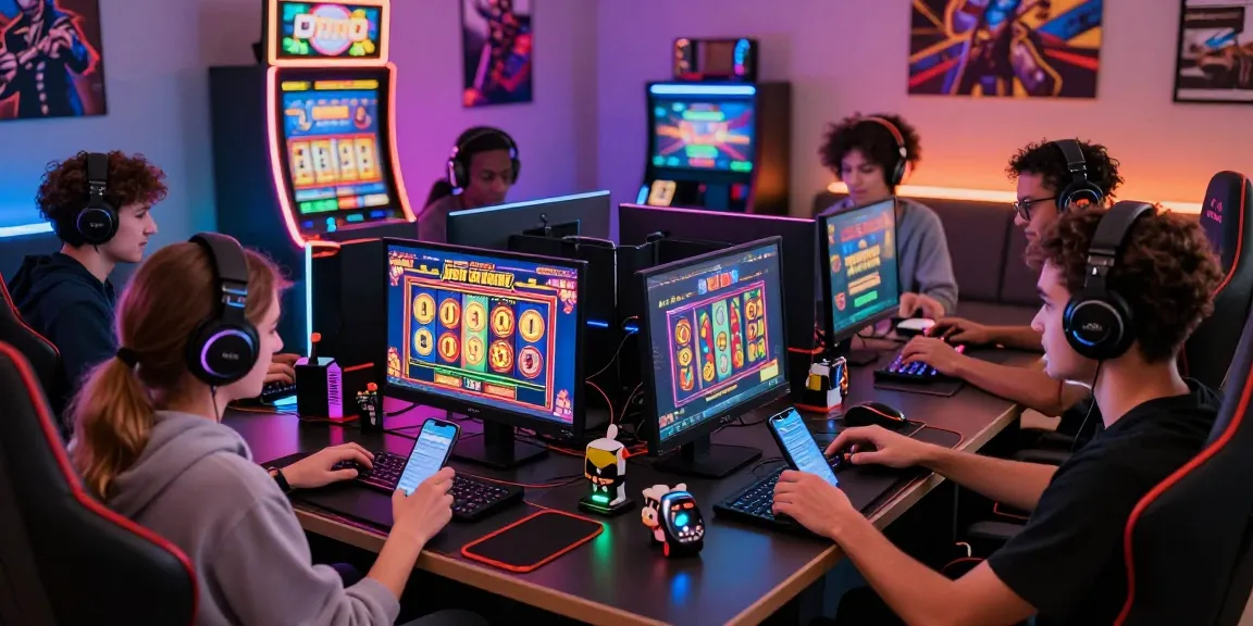 Engaging scene of players enjoying judi slot online with vibrant gaming setups for thrilling experiences.