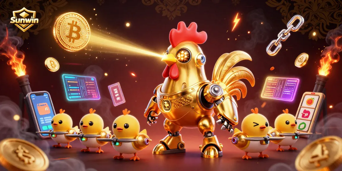 Engage with thrilling slots at Sunwin featuring a retro-futuristic golden rooster and cryptographic elements.