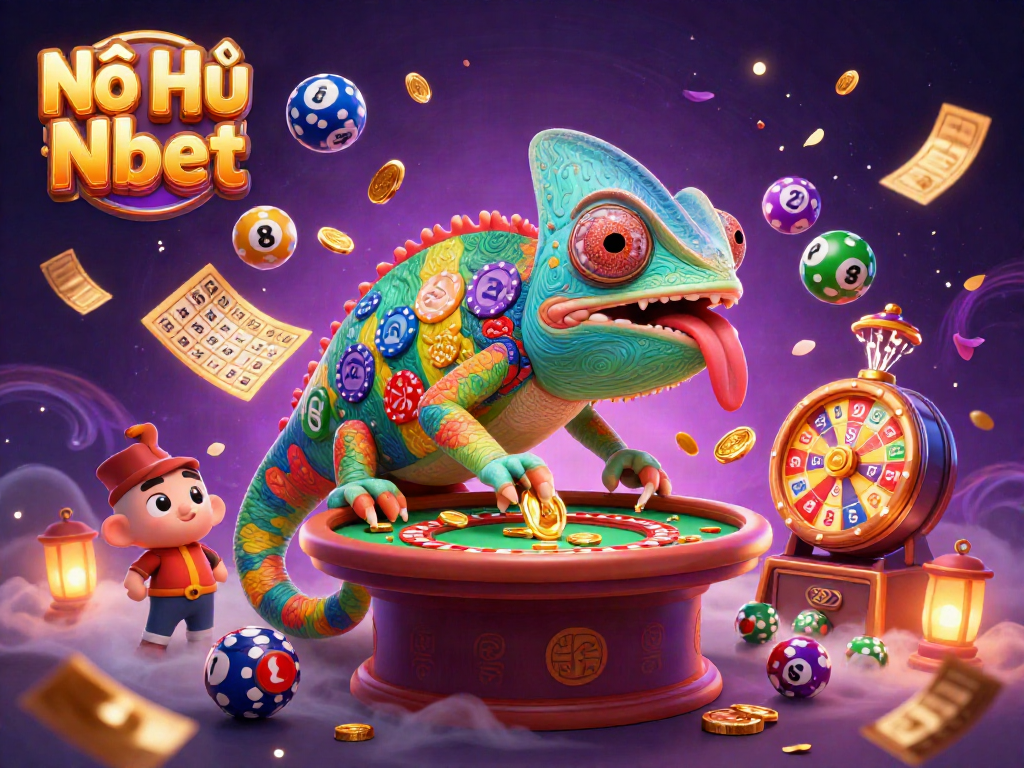 Nổ Hũ Nbet casino illustration featuring a vibrant, dynamic chameleon owner snapping up coins.