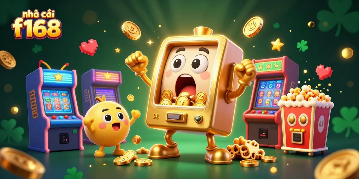 Celebrate with nhà cái f168's vibrant 3D scene featuring a joyous golden slot machine jackpot moment.