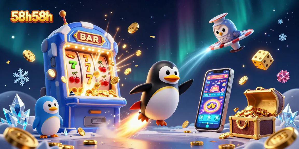 Engage with 58h58h through this vibrant 3D casino illustration featuring a golden penguin and jackpots.