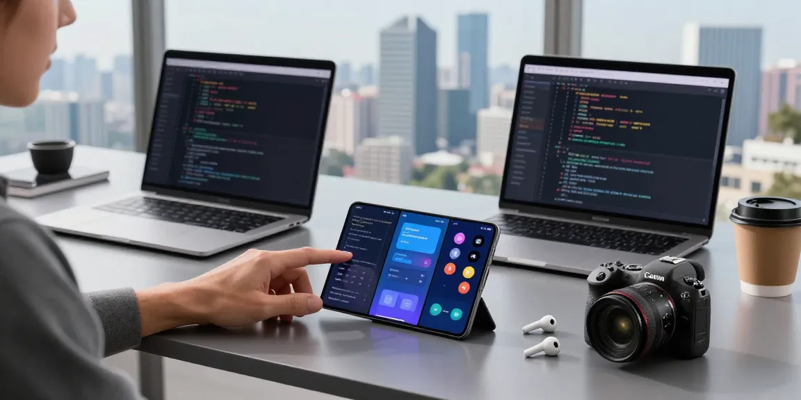 Enthusiast examining a tri-fold phone in a modern tech workspace with a laptop, coding software, and city skyline.