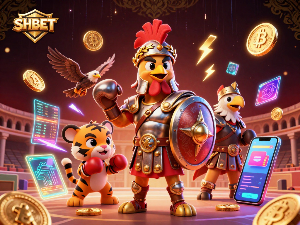 SHBET showcases a gladiator rooster in a dynamic casino scene with crypto elements.