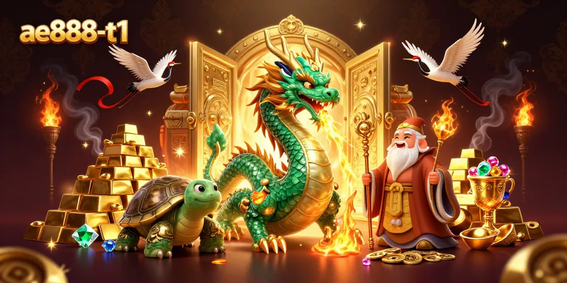 ae888-t1 offers thrilling casino adventures illustrated with a jade dragon and lucky elements