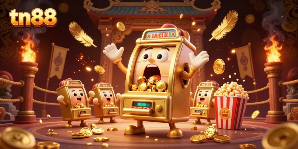 Experience tn88's thrilling jackpot scene with vibrant slot machines and golden coins pouring out.