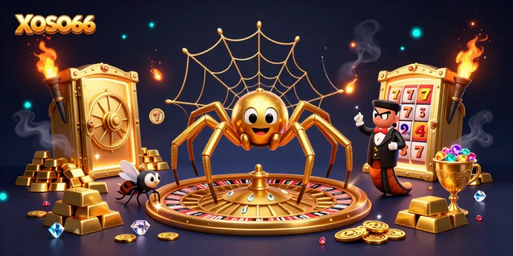 XOSO66 gaming scene with a golden spider and centipede creating a roulette web while betting on treasures.