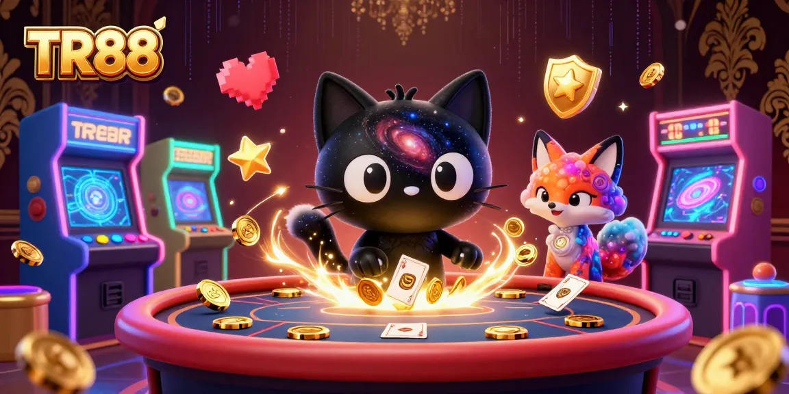 Engage with TR88, a vibrant cosmic casino scene featuring a playful black hole cat and colorful nebula fox.