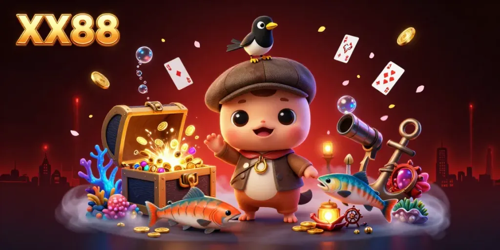 Experience the thrill of winning at XX88 with cartoon characters surrounded by vibrant treasure and gaming elements.
