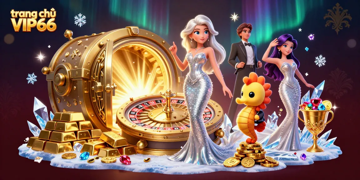 Experience excitement on trang chủ VIP66 with vibrant 3D casino elements and characters promoting jackpot wins.