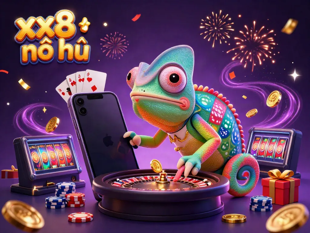 Experience the excitement of xx8 nổ hũ with a vibrant chameleon casino owner surrounded by gaming elements.