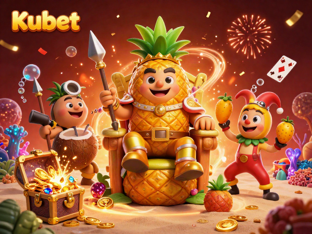Kubet casino illustration featuring a golden pineapple king, coconut guards, and tropical elements set in a vibrant scene.
