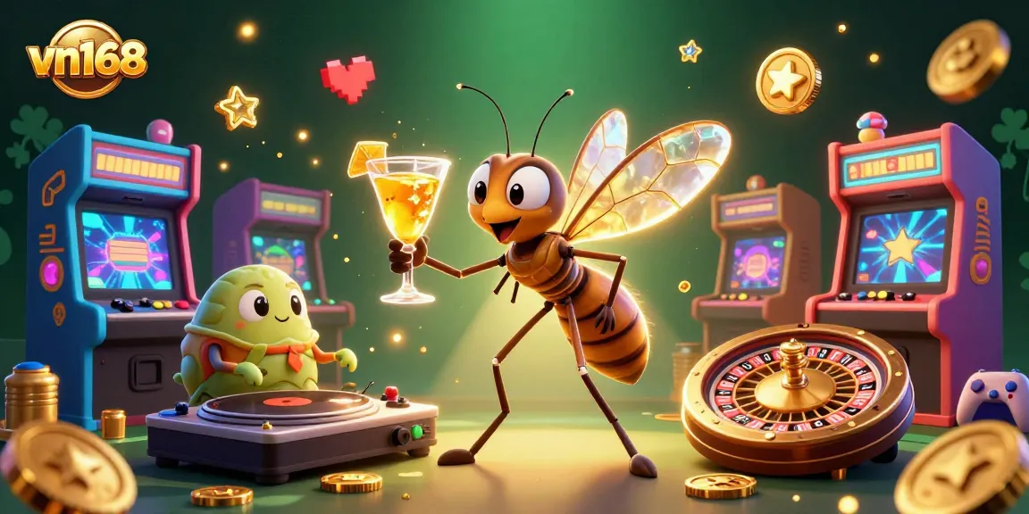 Engage in exciting gameplay at vn168 with a frozen mosquito mascot, a DJ trilobite, and vibrant casino elements.
