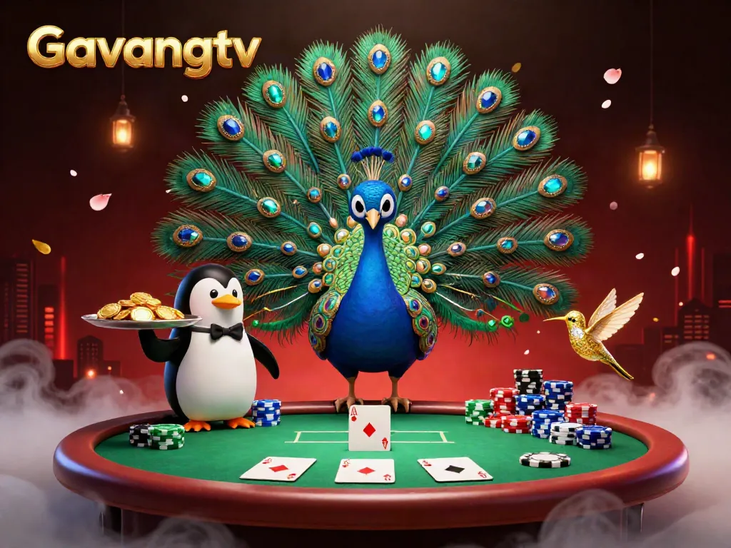 Experience the excitement of Gavangtv with a vibrant poker scene featuring a peacock, butler penguin, and golden hummingbird.