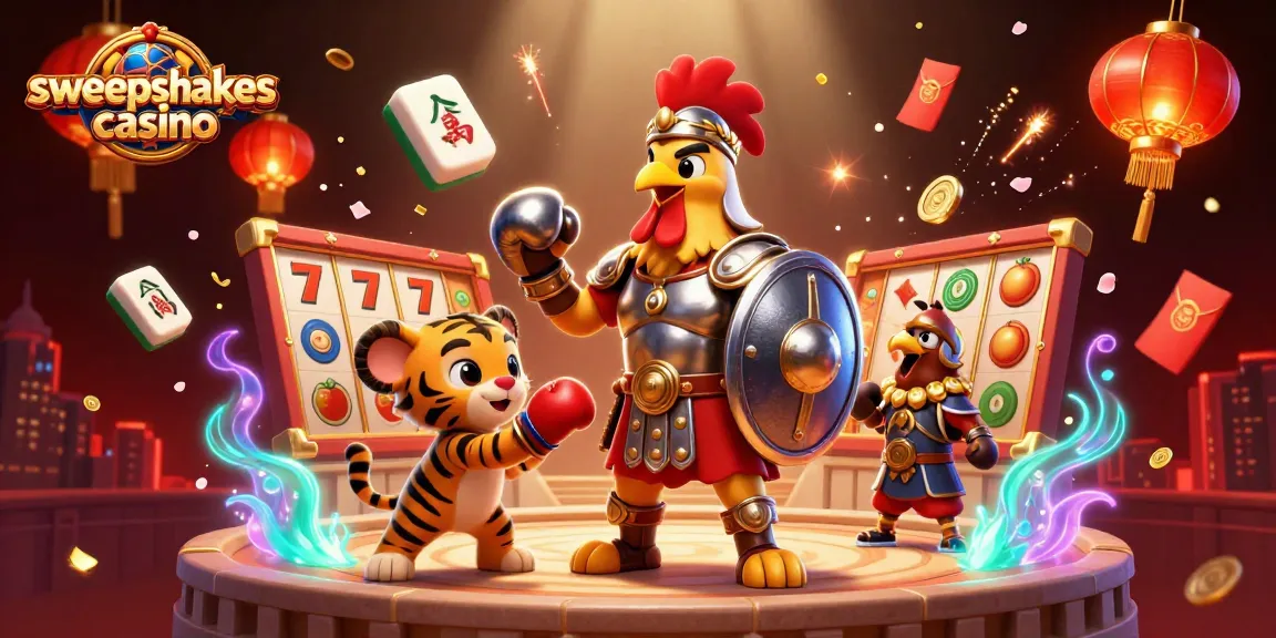 Sweepstakes casino scene featuring a gladiator rooster and a sparring tiger cub, vibrant casino elements.