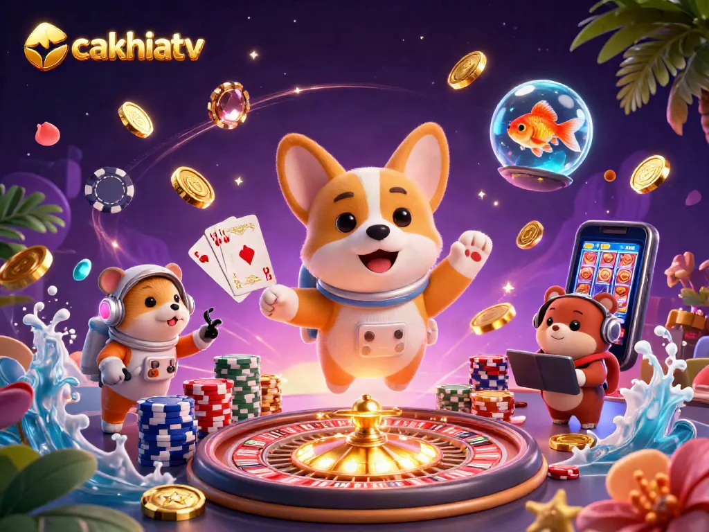 Cakhiatv showcases a colorful space station casino scene featuring an astronaut corgi, golden coins, and a hamster giving commands.