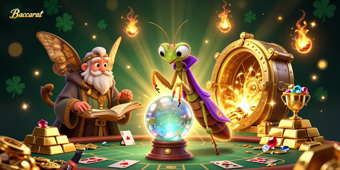 Baccarat game scene featuring a fortune teller and a moth librarian surrounded by magical elements and casino treasures.