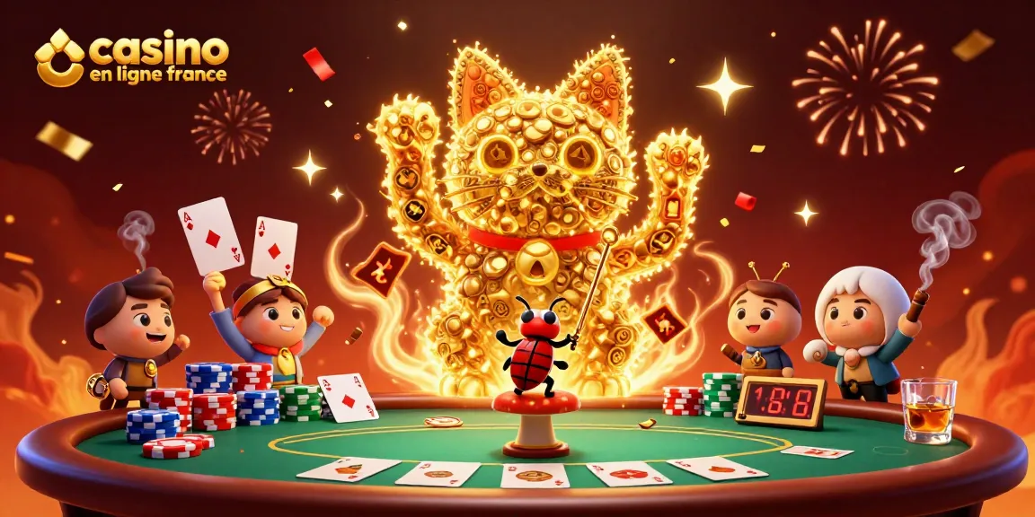 Célébrez avec ce chat chanceux en flammes dorées au casino en ligne France, entouré de jetons de poker colorés.