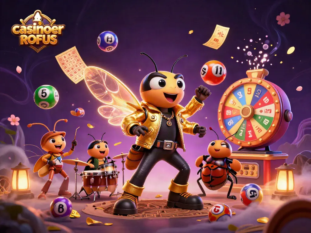 Experience casinoer uden ROFUS through a vibrant 3D illustration of a cicada rock star and dynamic game elements.