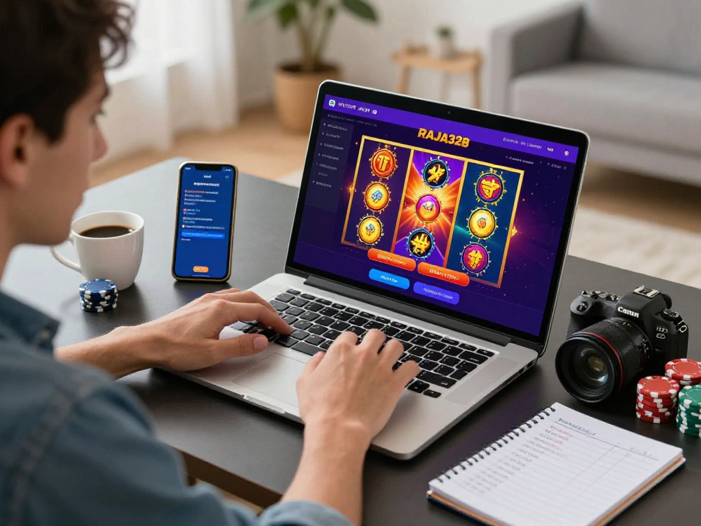 Engaging with link alternatif raja328 while playing online slots in a modern home office setup.