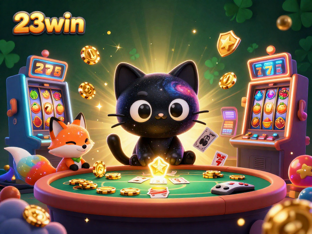 Experience the thrill of winning with 23win's dynamic cosmic casino scene featuring a black hole cat and gaming elements.