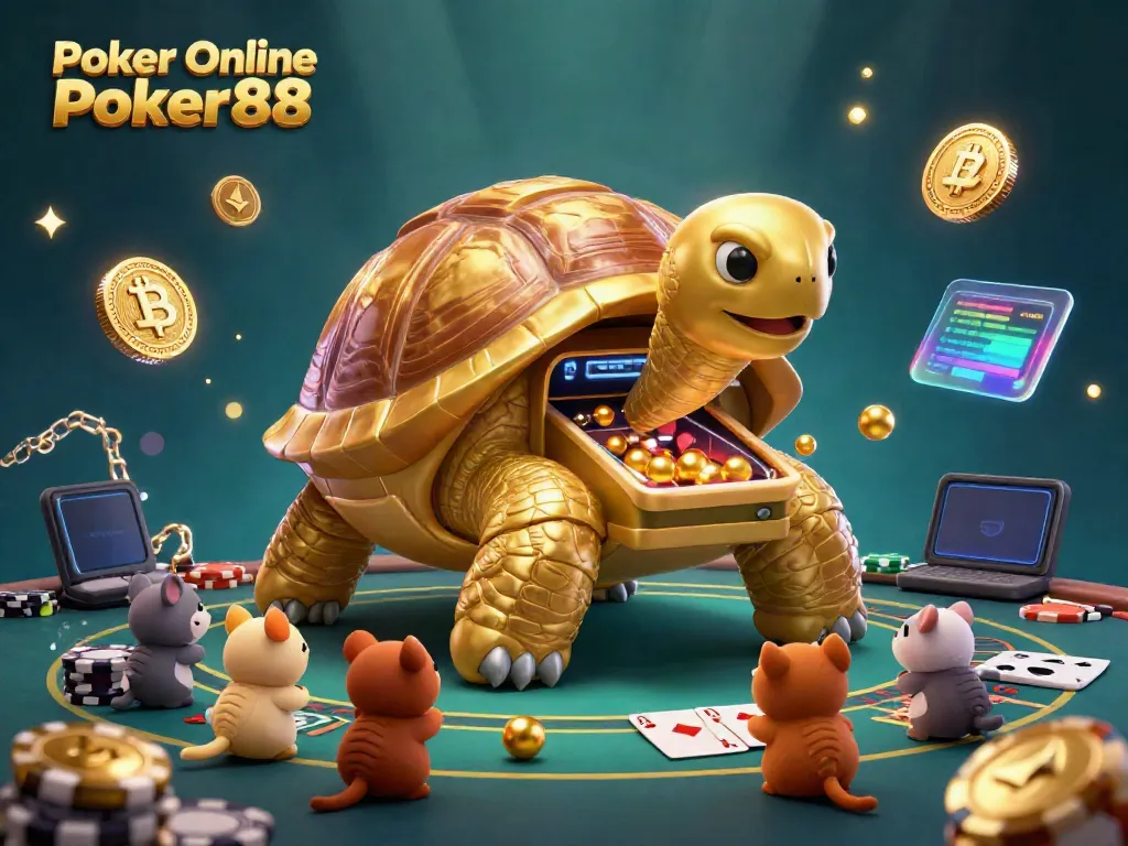 Engage in Poker Online Poker88 with a dynamic 3D illustration featuring a golden tortoise pinball machine and poker elements.
