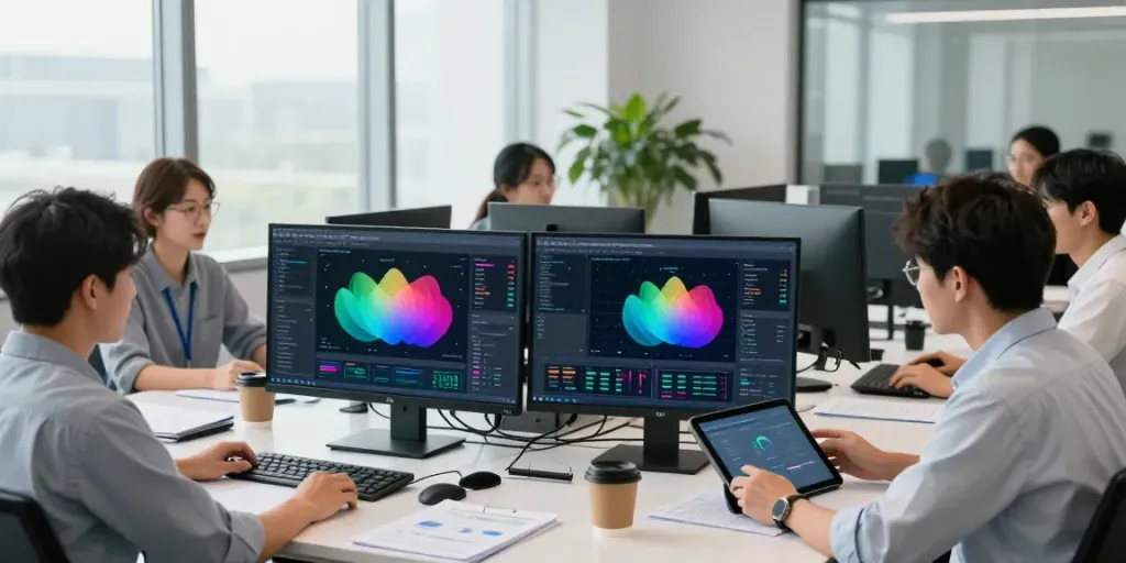 Enterprise AI development team analyzing data and models in a bright office.
