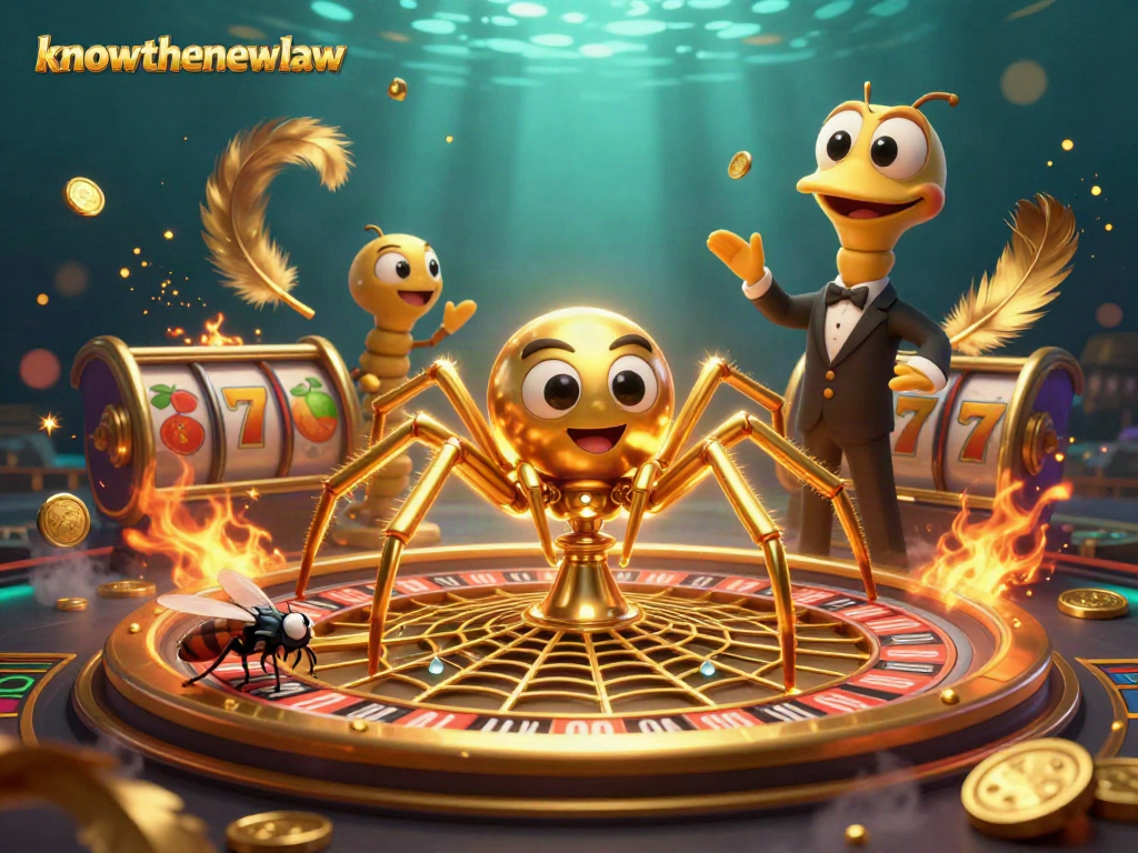 Experience the excitement of knowthenewlaw with a golden spider spinning a roulette web in a dynamic casino scene.