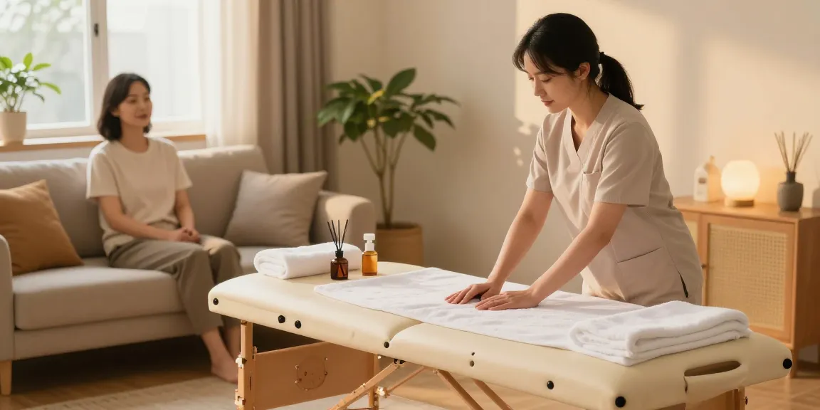 화곡동출장마사지 professional therapist preparing a cozy session at home with relaxing elements.