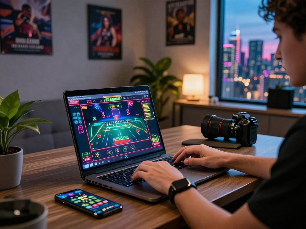 Engaged player enjoying kebuntoto live casino game on laptop in stylish home office.