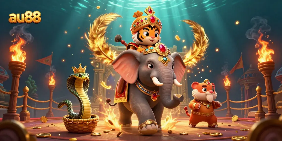 Experience winning thrills at au88 with a colorful 3D scene featuring majestic characters and captivating casino elements.