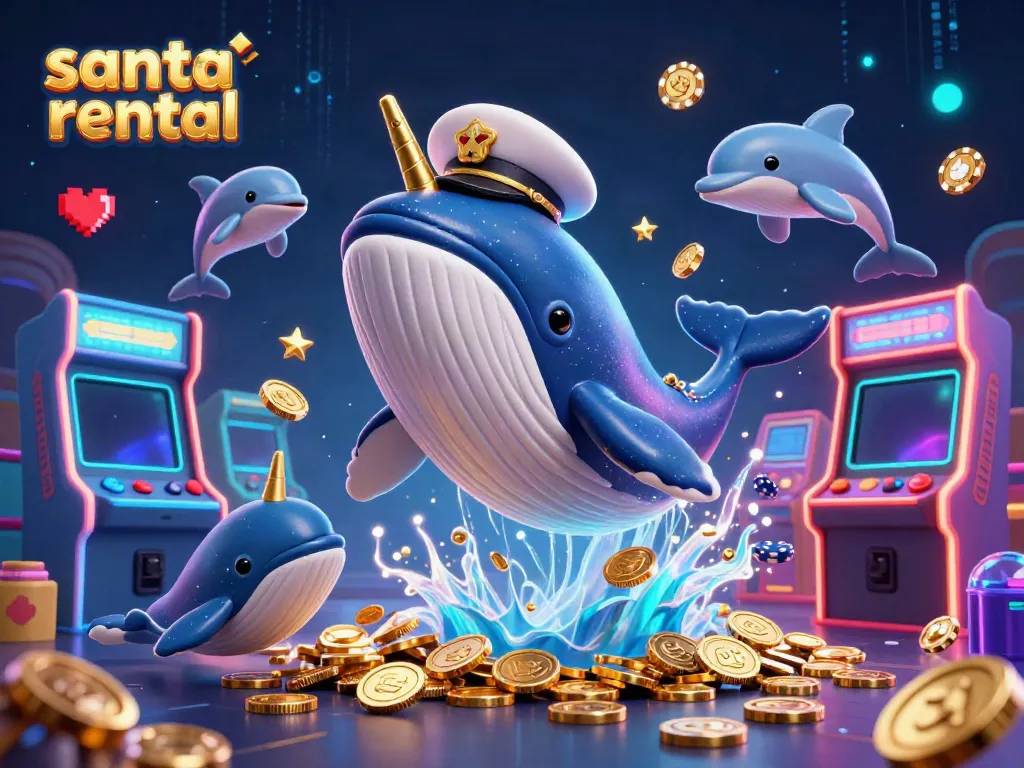 Engaging Santa rental scene featuring a whale and dolphins among casino elements.
