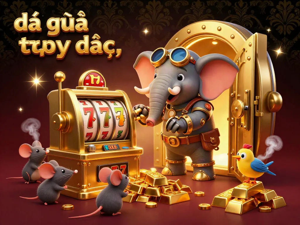 Experience the thrill of đá gà trực tiếp with a lively steampunk casino atmosphere, featuring golden slot machines and animated characters.