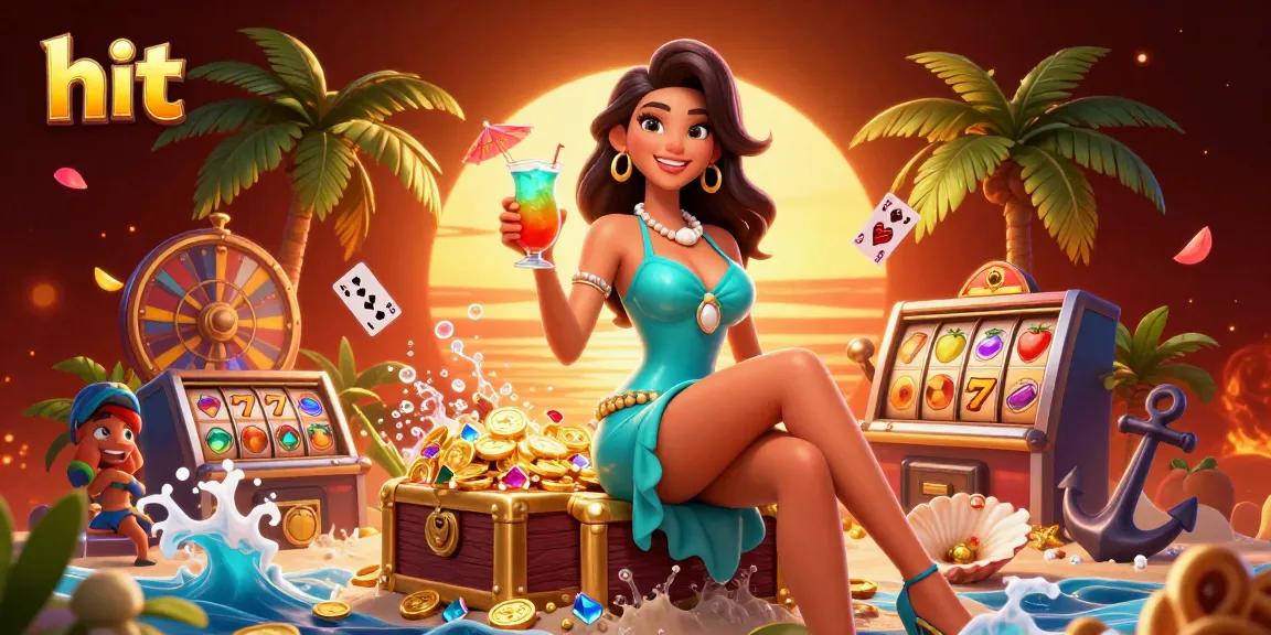Hit big with an Asian woman at a tropical casino holding a cocktail amidst slot and treasure elements