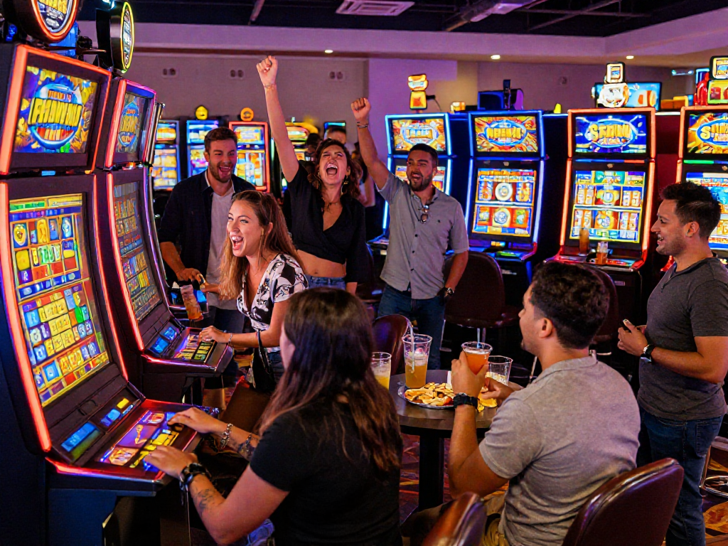 Excited players celebrating a slot jackpot win at a vibrant casino gaming floor.