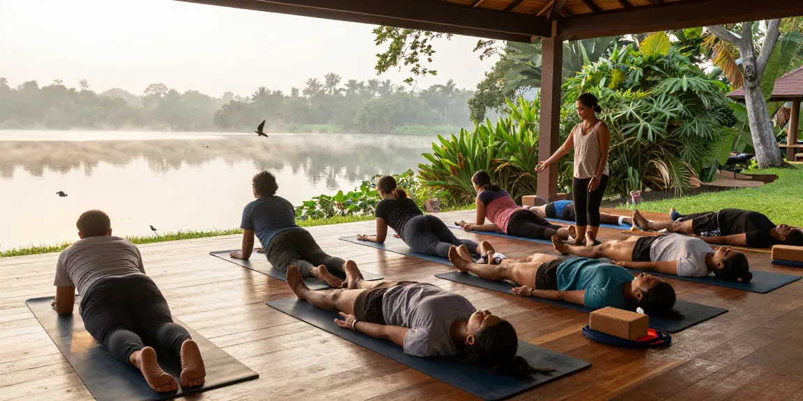 200 hour yoga teacher training sri lanka students practicing yoga by Koggala Lake during sunrise