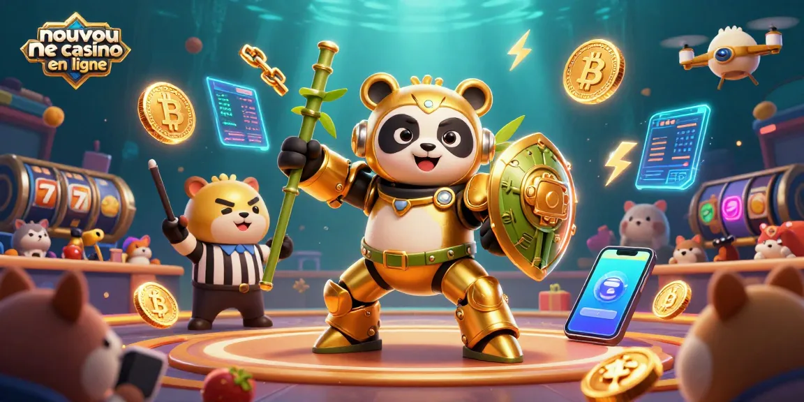 Découvrez les jeux du nouveau casino en ligne avec un panda en combinaison de combat au milieu d'une arène animée.