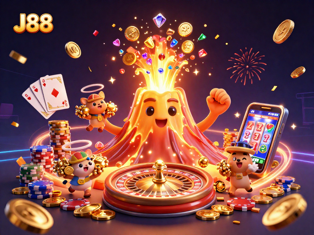 Experience excitement at J88 with a triumphant volcano showering treasures, highlighting casino fun.