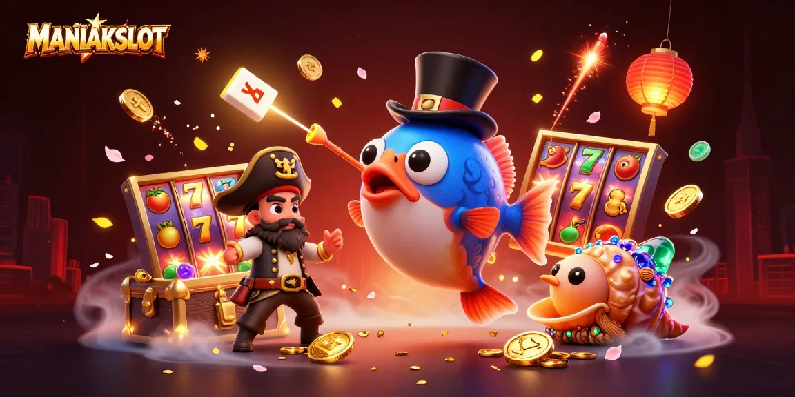 Engage with MANIAKSLOT as the vibrant cartoon scene showcases slot reels and lively sea creatures in a captivating casino adventure.