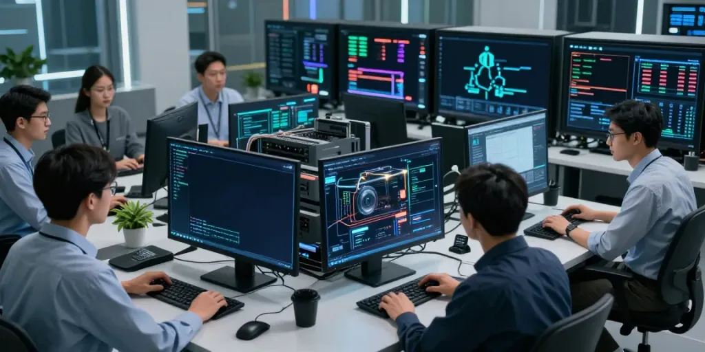 Engineers collaborating in a high-tech data center, enhancing AI infrastructure with GPU setups.