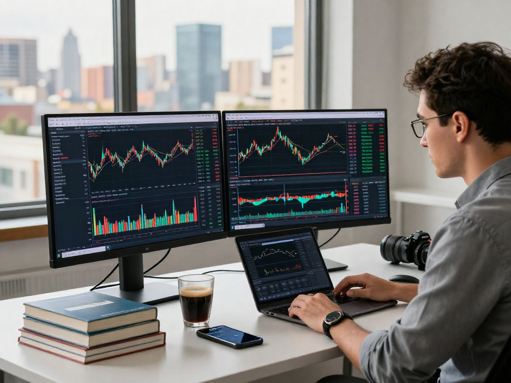 在TradingView官网上，专业交易者在现代办公室使用双屏分析市场趋势，展现出高效的交易环境。
