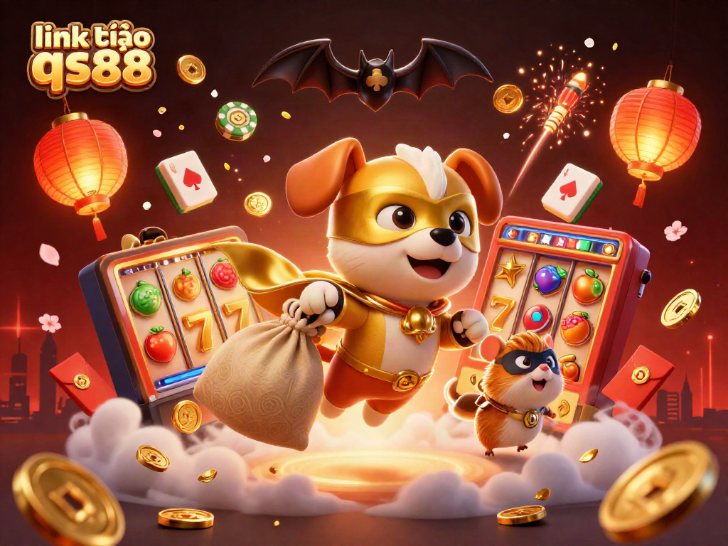 Win big with link vào qs88 as a superhero dog flies through a vibrant casino world.
